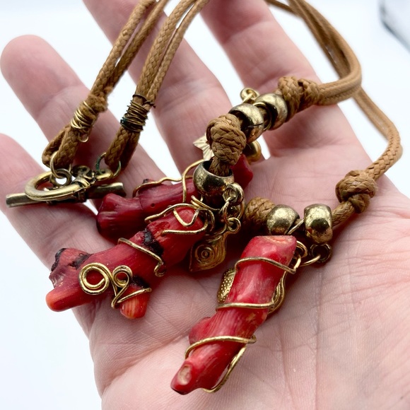 Artisan Red Coral Branch Gold Tone Charm Cord Handcrafted Necklace - Picture 3 of 12